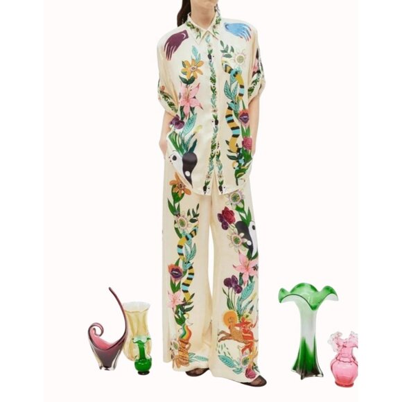 Summer Vibe 2 Piece Set Size 3XL Satin Chic Art Short Sleeve Shirt Wide Leg Pant - Picture 3 of 16